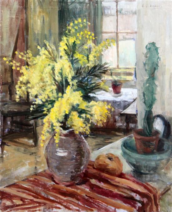 Alice Headley Neave (b.1903) Interiors with flowers in vases 22 x 18in., unframed